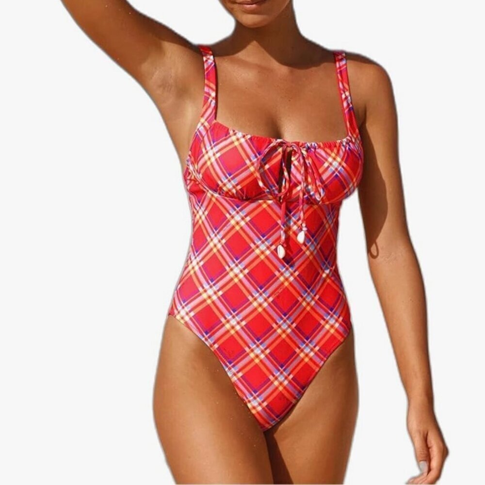 RED BLAID ONE-PIECE SWIMSUIT SIZE S/0072